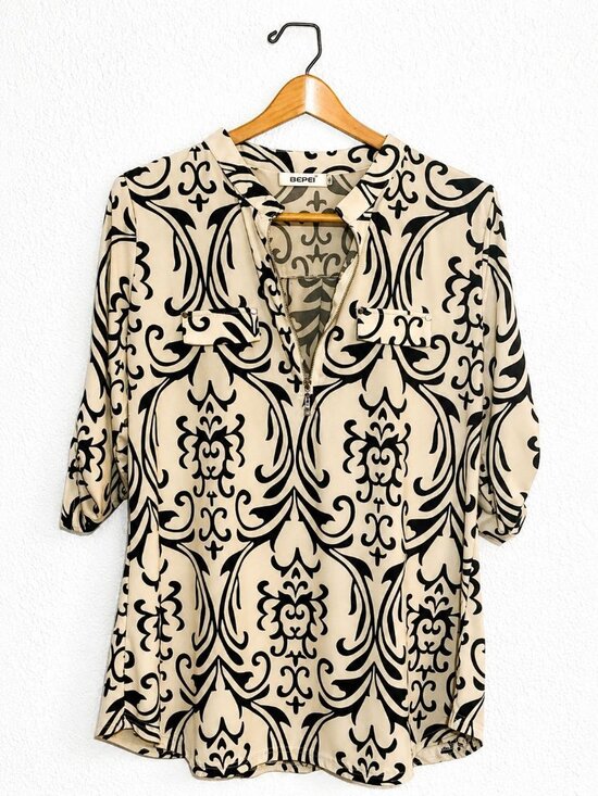 BEPEI Tops - ROSWEAR Women's Black Tan Paisley Blouse L V Neck Ruched Sleeve Career Top